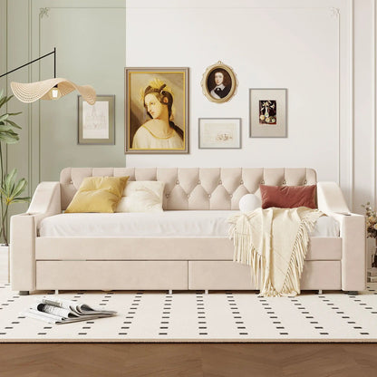 Upholstered beige daybed with tufted back and storage drawers in a stylish living room on Tampa Home & Garden Store