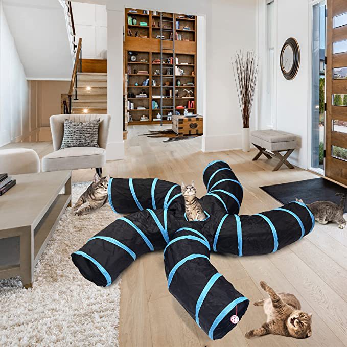 Tree Pattern Tunnel Pet tunnel toy for cats with black fabric and blue stripes on Tampa Home & Garden Store