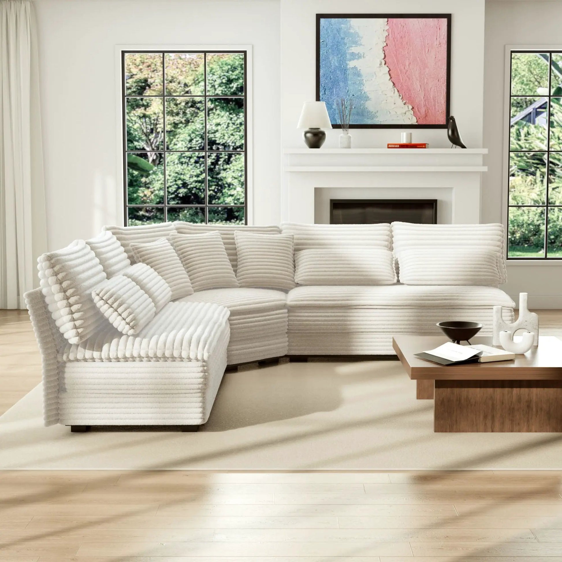 5 seater Lshaped sectional sofa curved corner white fabric 7 pillows Unique Piece Furniture on Tampa Home & Garden Store