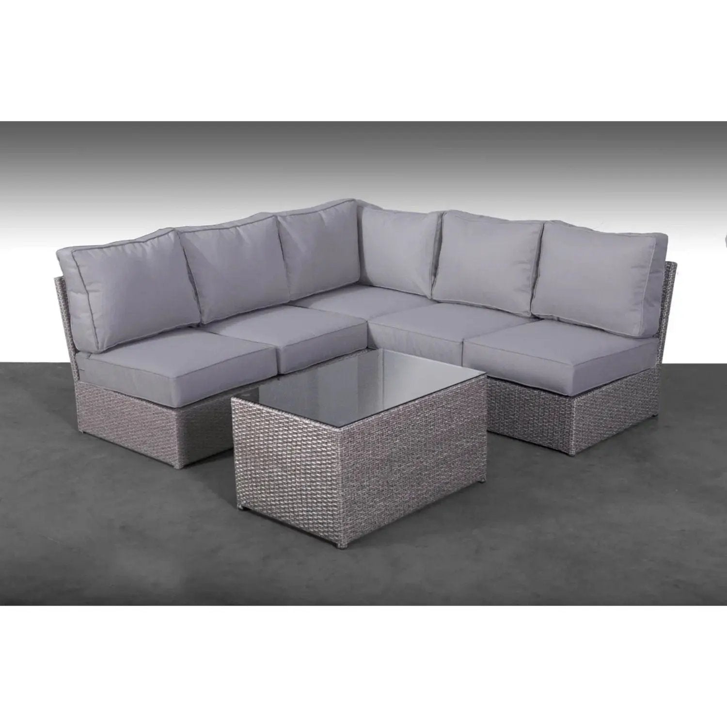 2-Piece Outdoor Rattan Sectional Set, gray cushions, glass coffee table, Unique Piece Furniture on Tampa Home & Garden Store