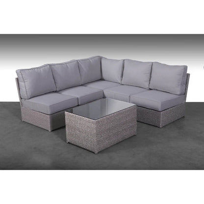 Comfortable modern patio rattan sectional set with cushions, gray wicker, glass-top table on Tampa Home & Garden Store
