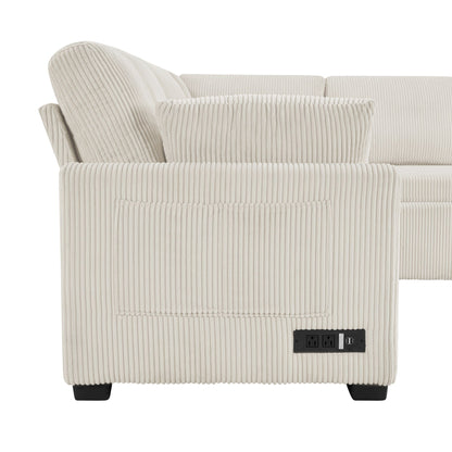 HouseOfZazla Convertible U-Shaped Sectional Sofa Bed cream corduroy with reversible chaise on Tampa Home & Garden Store