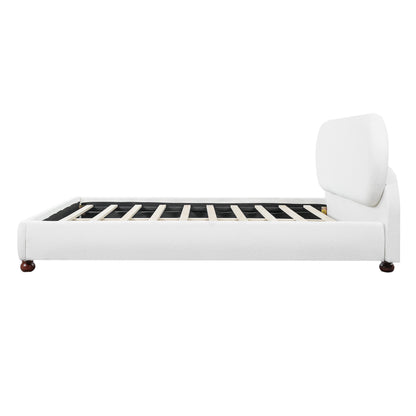 Cream boucle upholstered bed with rubber wood feet, queen size, slatted foundation visible on Tampa Home & Garden Store