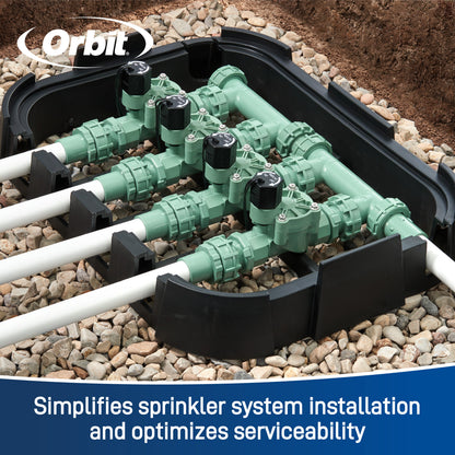 Orbit Irrigation 4-valve manifold with PVC adapters, green PVC body for underground sprinkler on Tampa Home & Garden Store