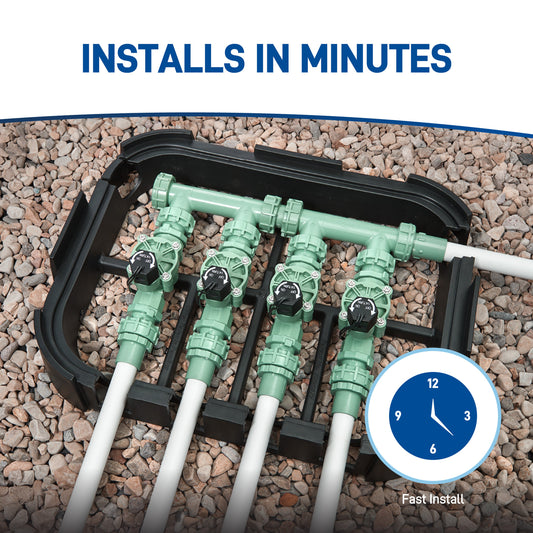 4-valve preassembled Orbit Irrigation sprinkler manifold with PVC adapters, green valves on Tampa Home & Garden Store
