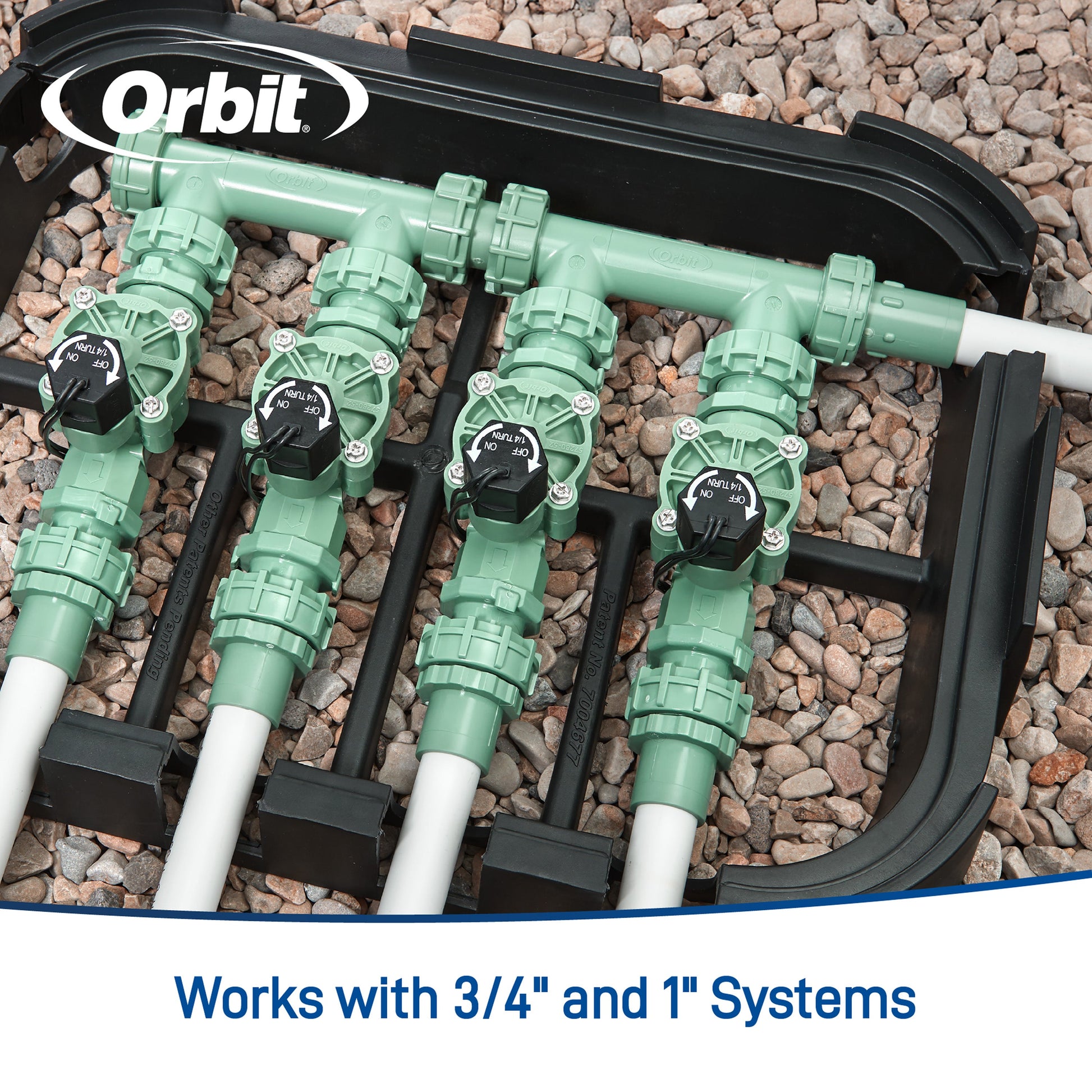 Orbit Irrigation 4-Valve Preassembled Manifold with PVC adapters, green sprinkler valves on Tampa Home & Garden Store