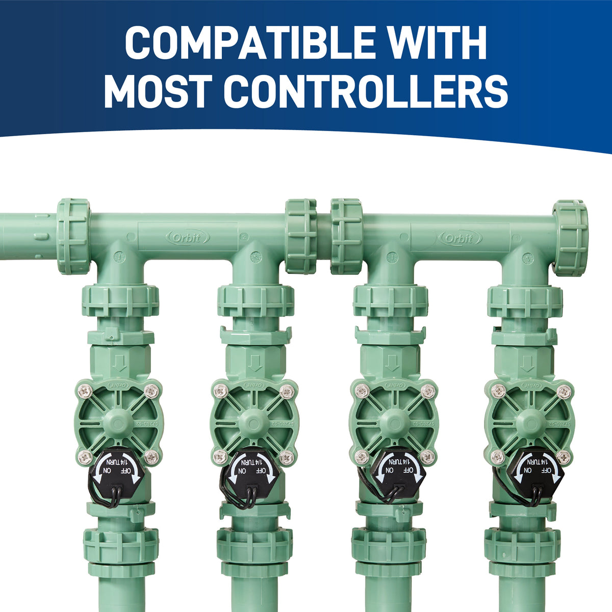 4-Valve Preassembled Manifold with PVC adapters, green Orbit Irrigation sprinkler valves on Tampa Home & Garden Store