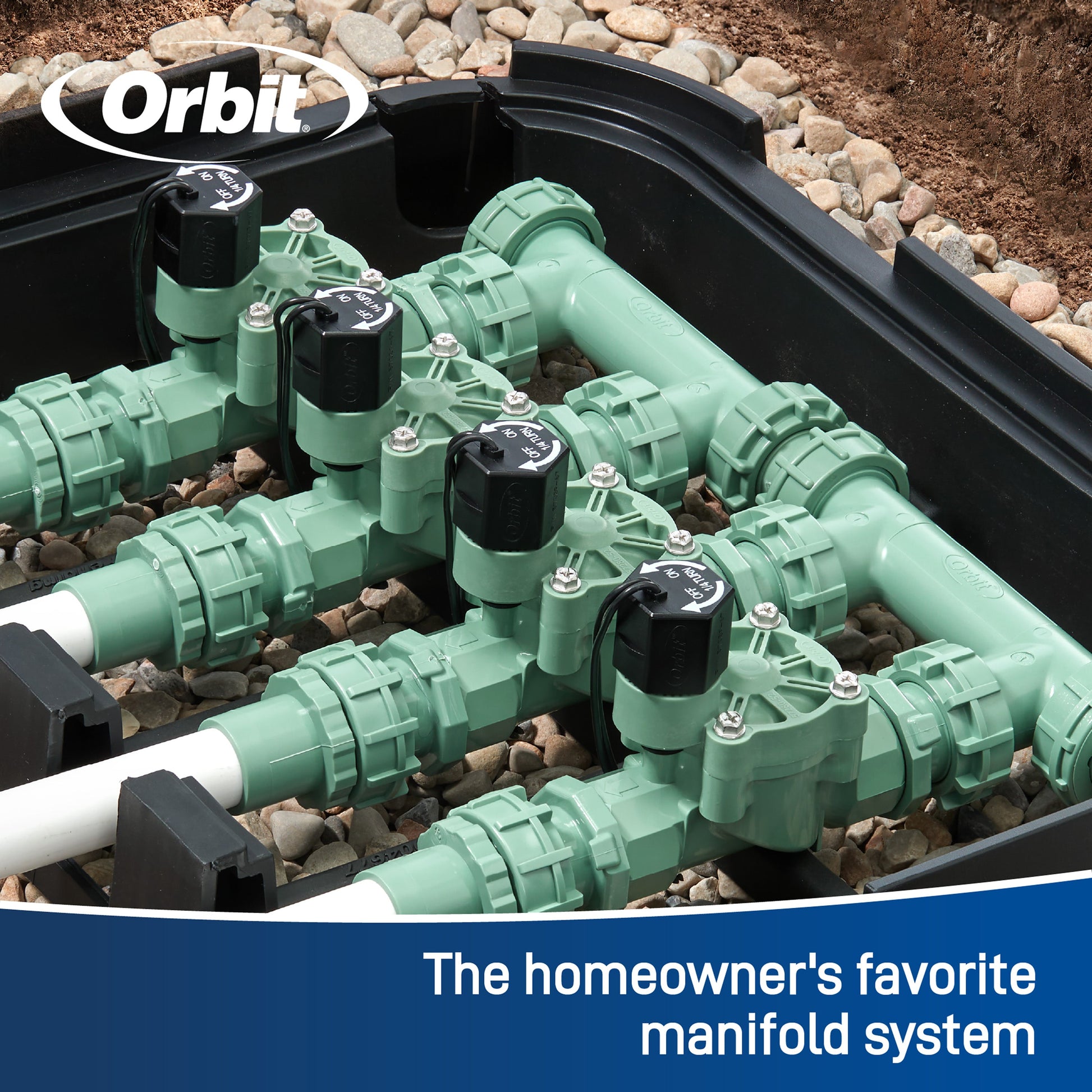 Orbit 4-valve green preassembled underground irrigation manifold with PVC adapters on Tampa Home & Garden Store