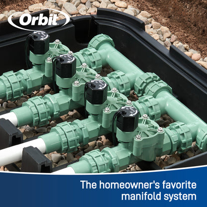 Orbit 4-valve green preassembled underground irrigation manifold with PVC adapters on Tampa Home & Garden Store