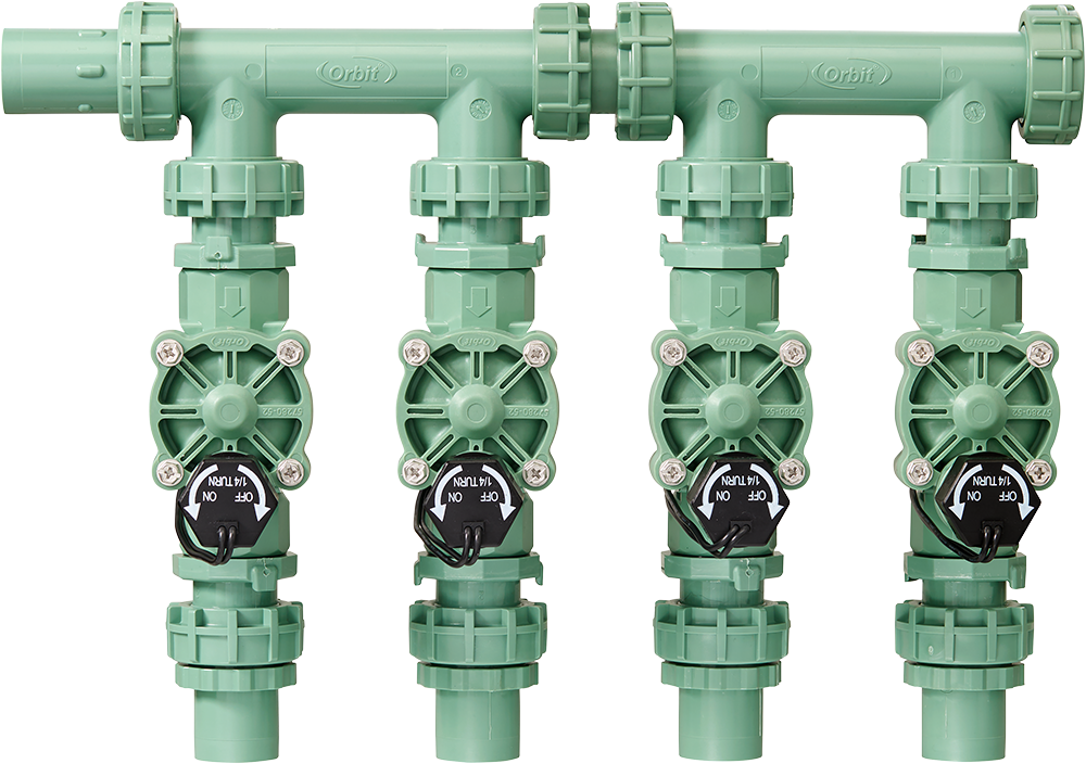 4-valve preassembled underground irrigation manifold with PVC adapters Orbit Irrigation on Tampa Home & Garden Store