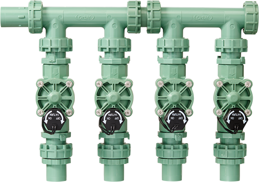4-valve preassembled underground irrigation manifold with PVC adapters Orbit Irrigation on Tampa Home & Garden Store