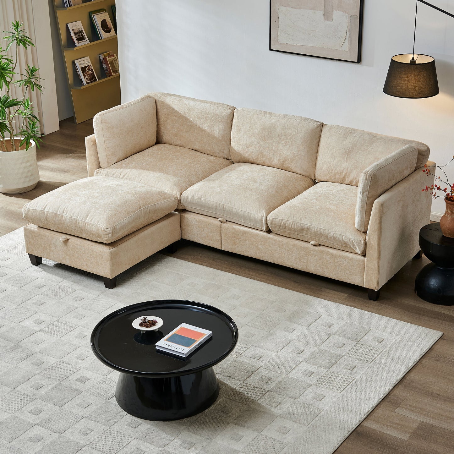 96.5in L-shape sectional sofa with ottoman in beige fabric by HouseOfZazla on Tampa Home & Garden Store