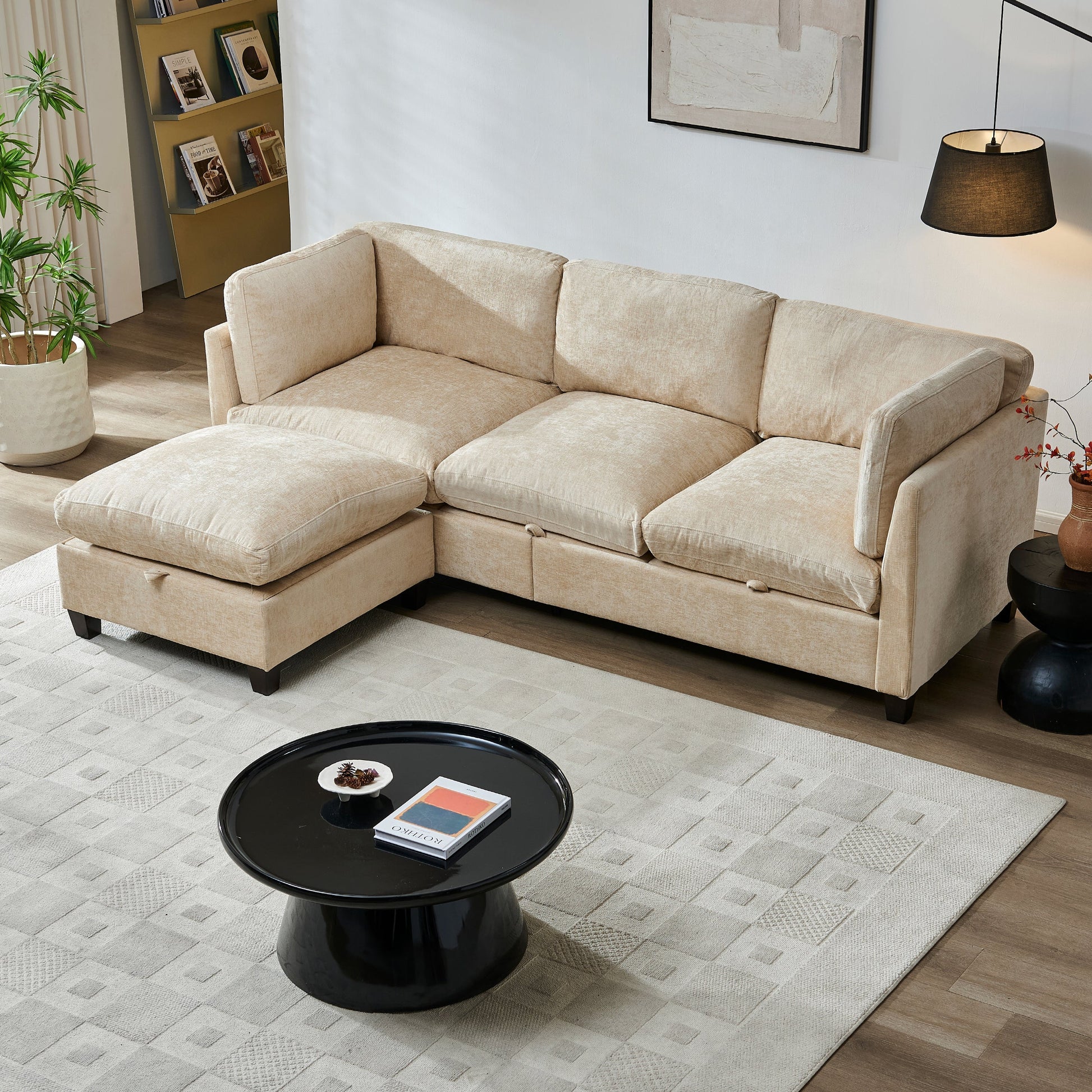96.5in L-shape sectional sofa with ottoman in beige fabric by HouseOfZazla on Tampa Home & Garden Store