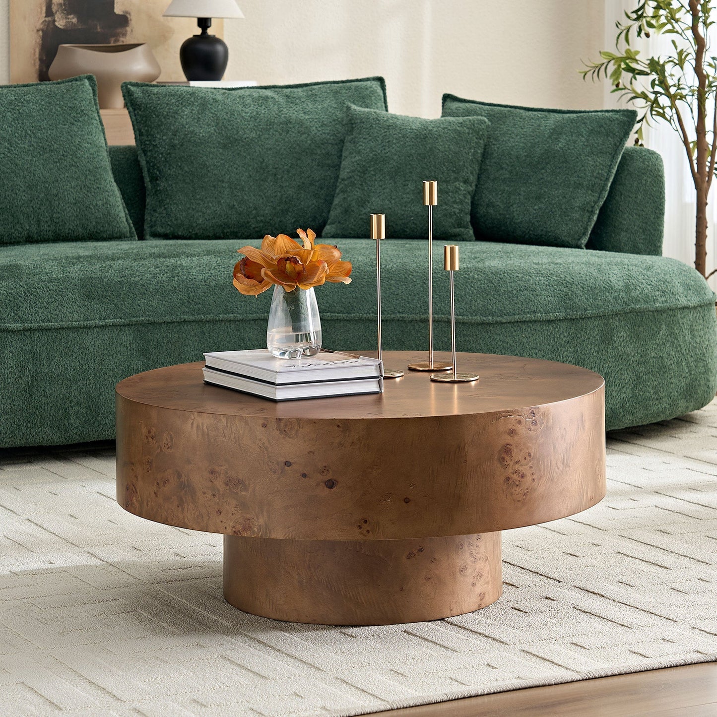 31.49in Burl Wood Veneer Round Coffee Table by HouseOfZazla with 4 brass candlesticks on top on Tampa Home & Garden Store
