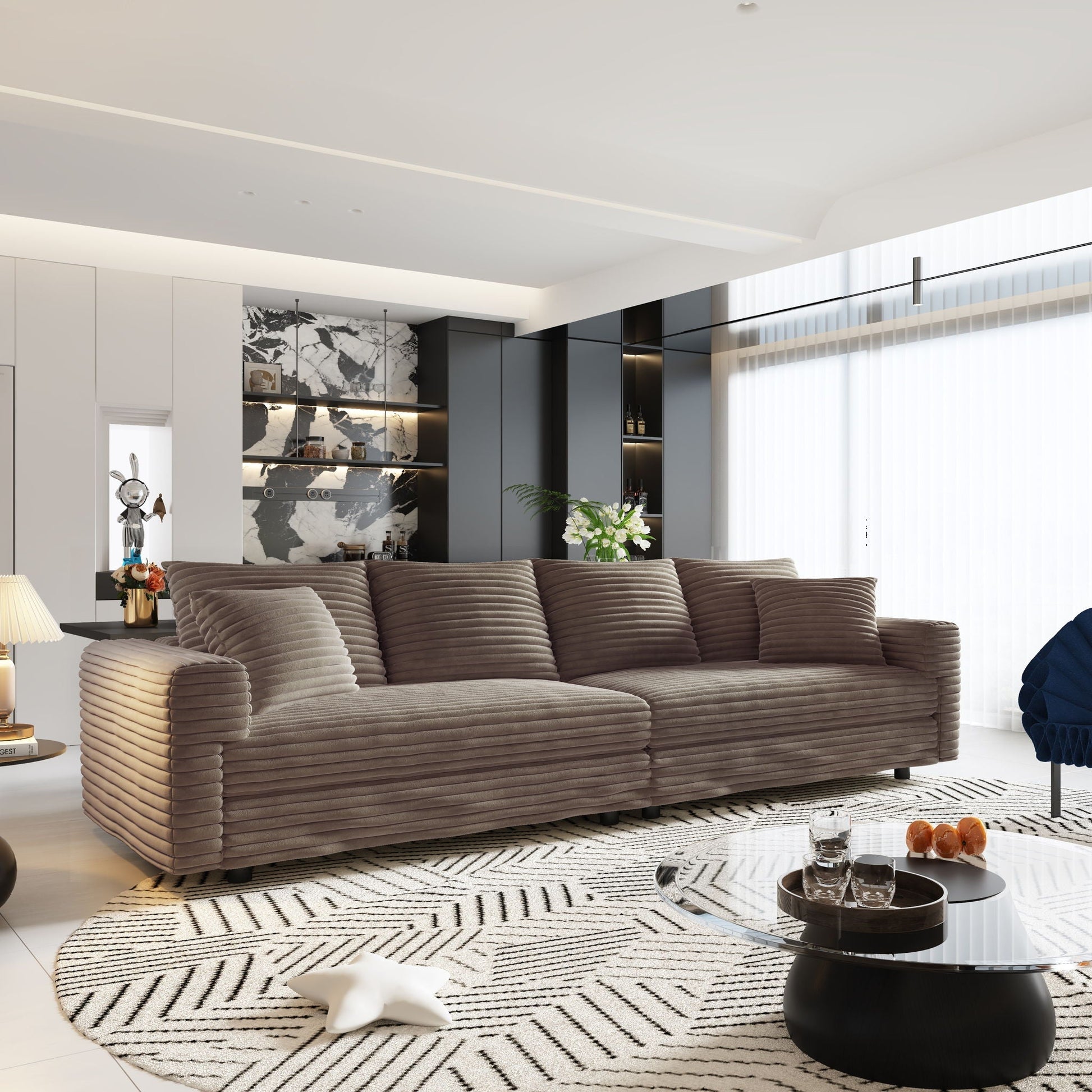 4 seat modern comfy upholstered sofa Cloud Couch brown ribbed fabric with black legs on Tampa Home & Garden Store