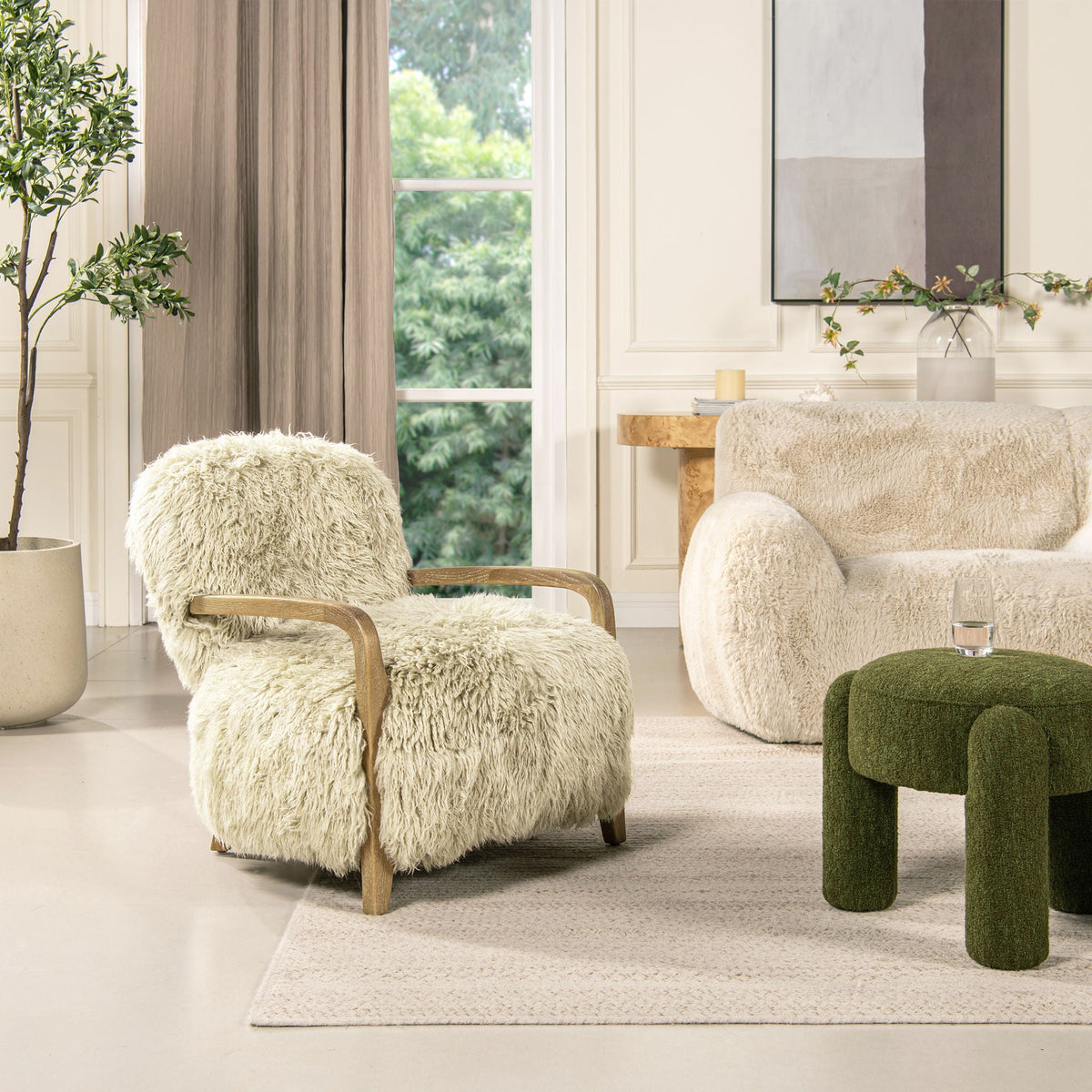 New Zealand Sheepskin Accent Arm Chair with Oak Arms in Taupe Natural, set of 2 on Tampa Home & Garden Store