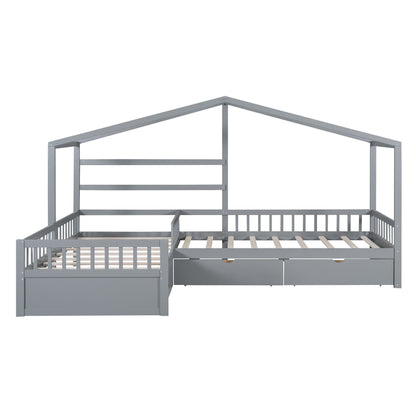 L-shaped gray metal platform bed with 3 storage drawers and slatted base by HouseOfZazla on Tampa Home & Garden Store