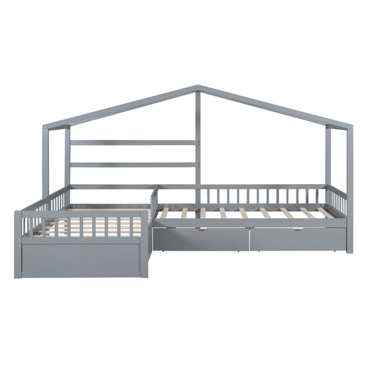 L-shaped gray metal platform bed with 3 storage drawers and slatted base by HouseOfZazla on Tampa Home & Garden Store