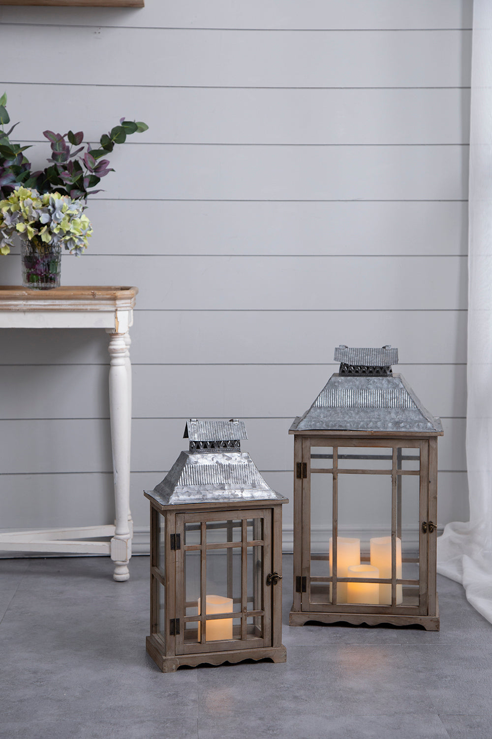 S/2 Classic Scape Lanterns wooden lanterns with metal roofs, set of two, candlelit on Tampa Home & Garden Store