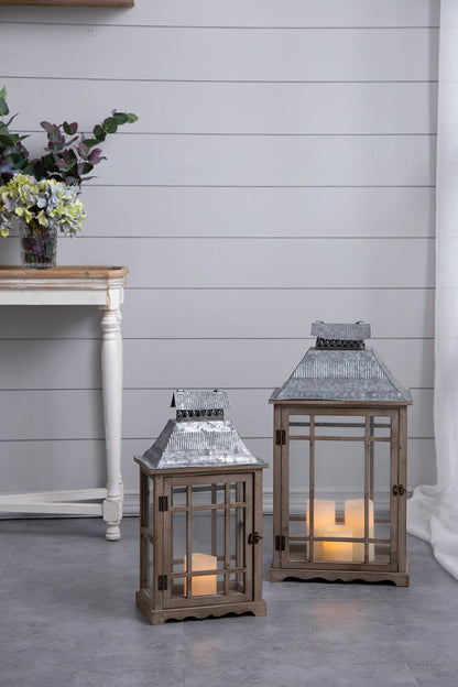 S/2 Classic Scape Lanterns wooden lanterns with metal roofs, set of two, candlelit on Tampa Home & Garden Store