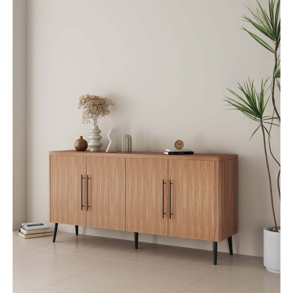 Mid-Century Modern light brown wood sideboard with adjustable shelves and black tapered legs on Tampa Home & Garden Store