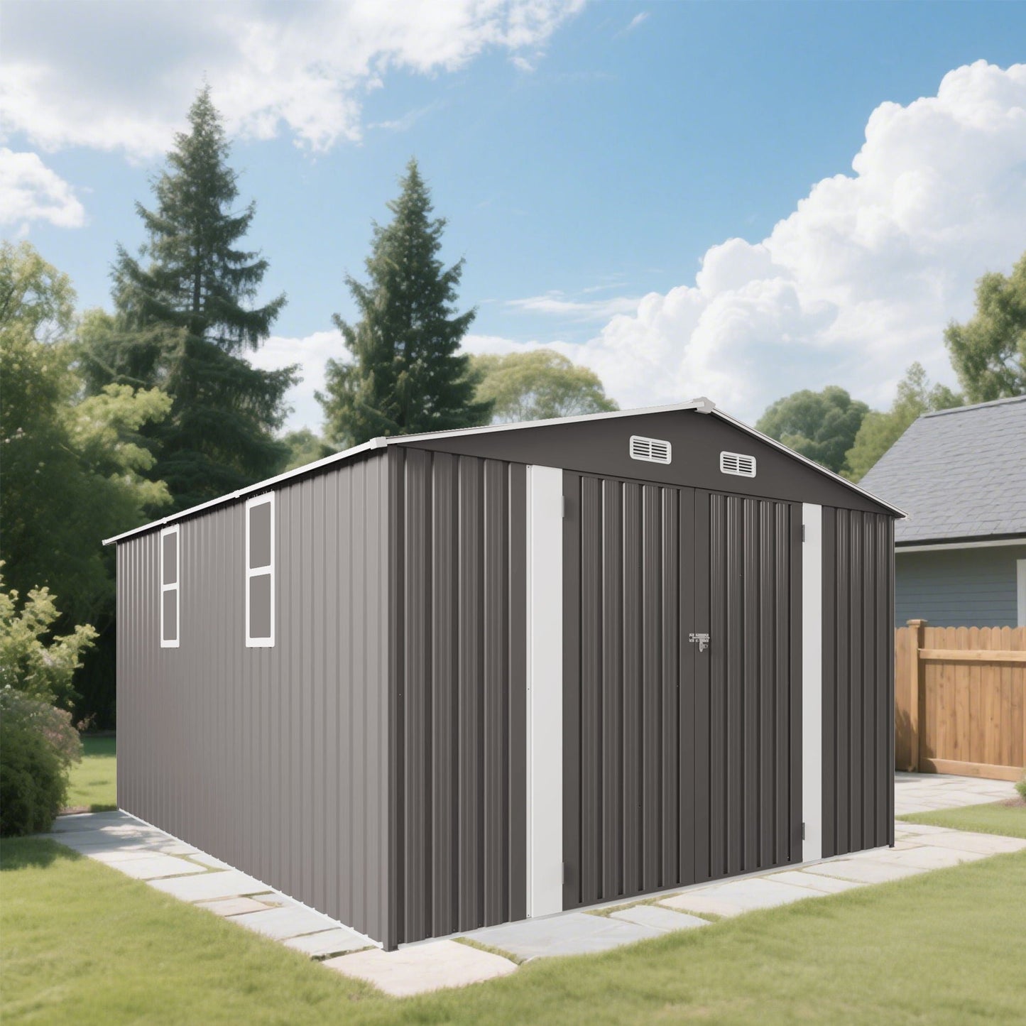 Large outdoor storage shed with lockable door and air vent, gray metal panels with white trim on Tampa Home & Garden Store
