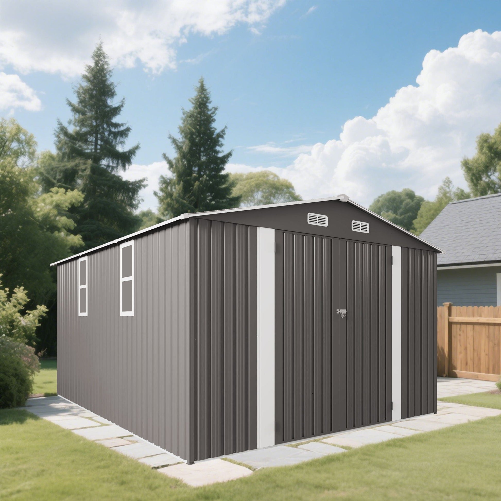 Large outdoor storage shed with lockable door and air vent, gray metal panels with white trim on Tampa Home & Garden Store