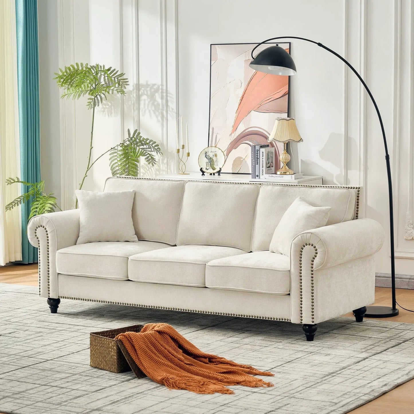 3 Seater Sofa with Tufted Upholstery Rolled Arms Nailhead Trim cream by Unique Piece Furniture on Tampa Home & Garden Store