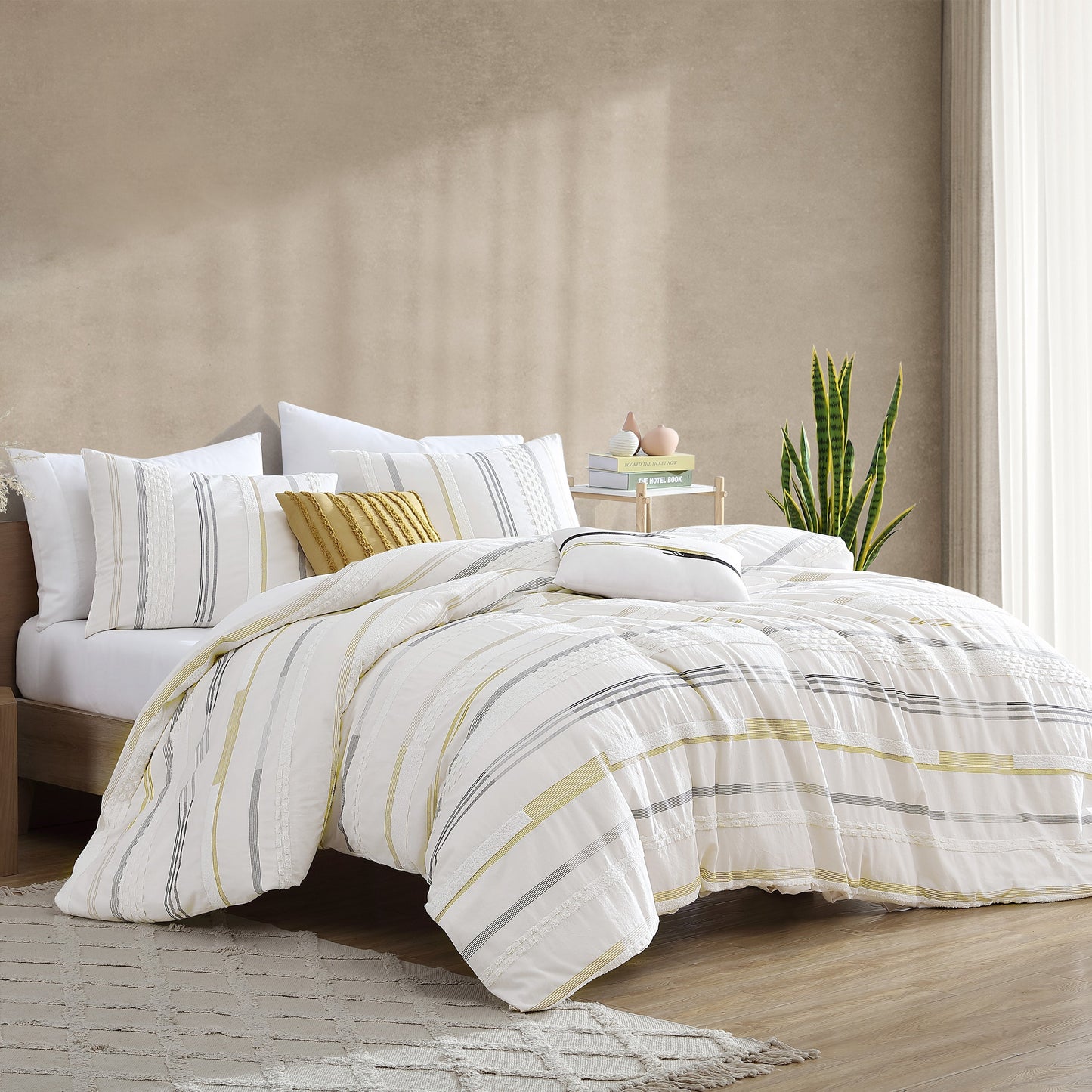 Whitten 6 PC Comforter Cover Set King white with grey and gold striped pattern HouseOfZazla on Tampa Home & Garden Store