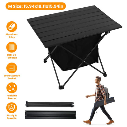 GemGear foldable camping table with storage basket in black aluminum alloy, roll-up tabletop on Tampa Home & Garden Store