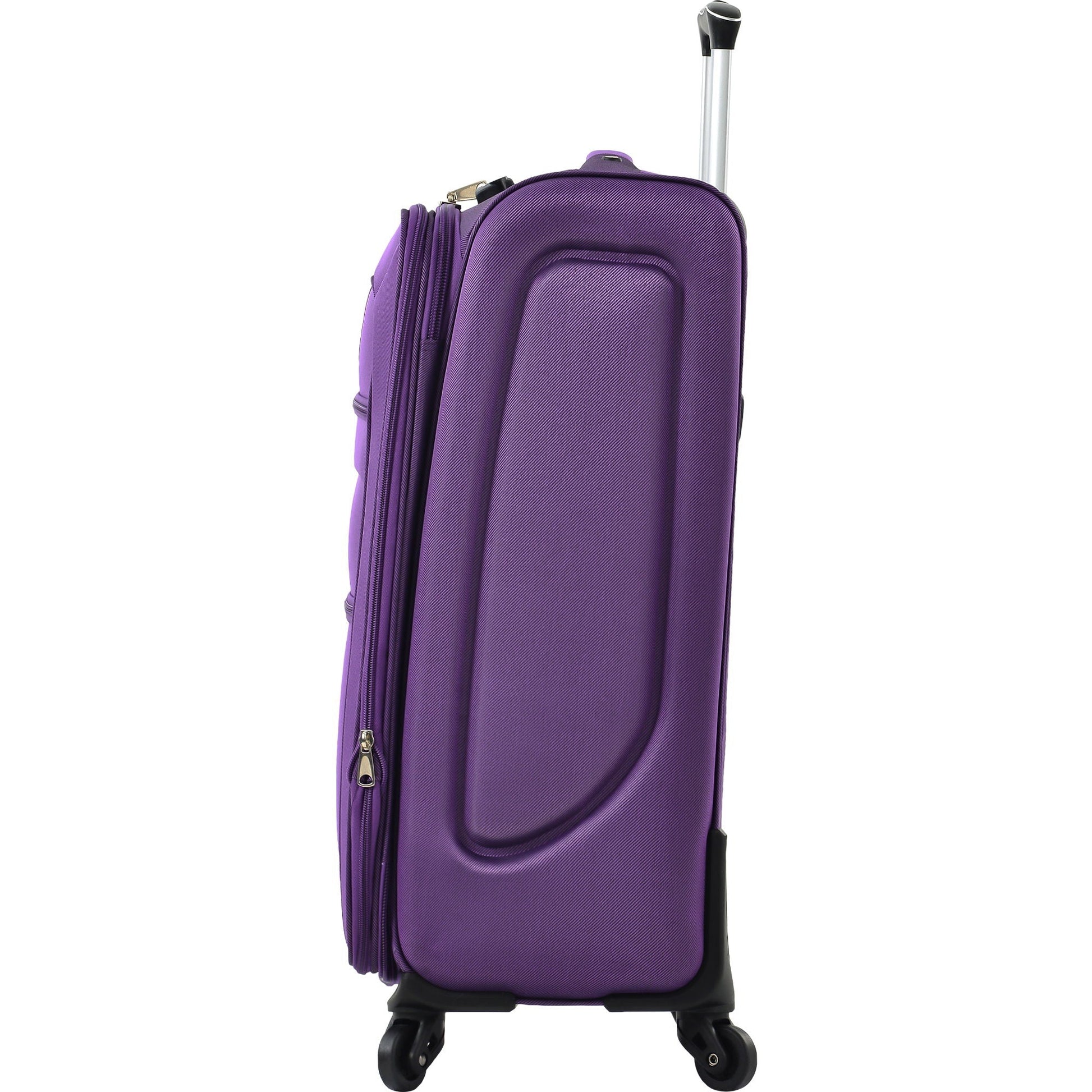 Purple softside upright luggage with expandable design, silver handle, spinner wheels on Tampa Home & Garden Store