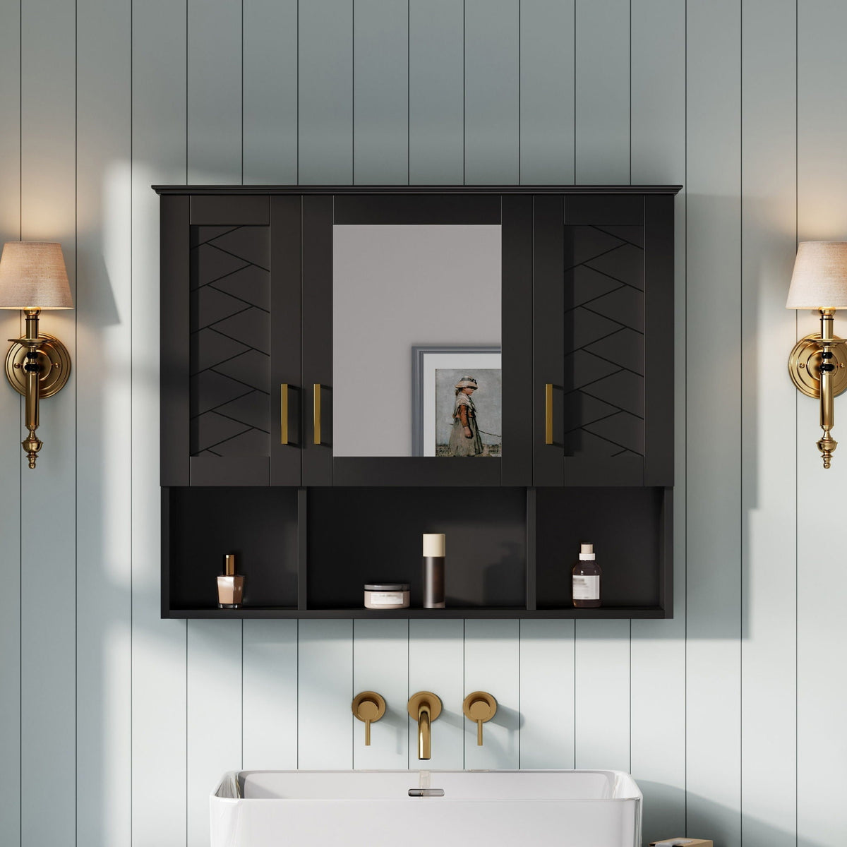 Medicine cabinet by HouseOfZazla, black wall-mounted with adjustable shelves and gold hardware on Tampa Home & Garden Store