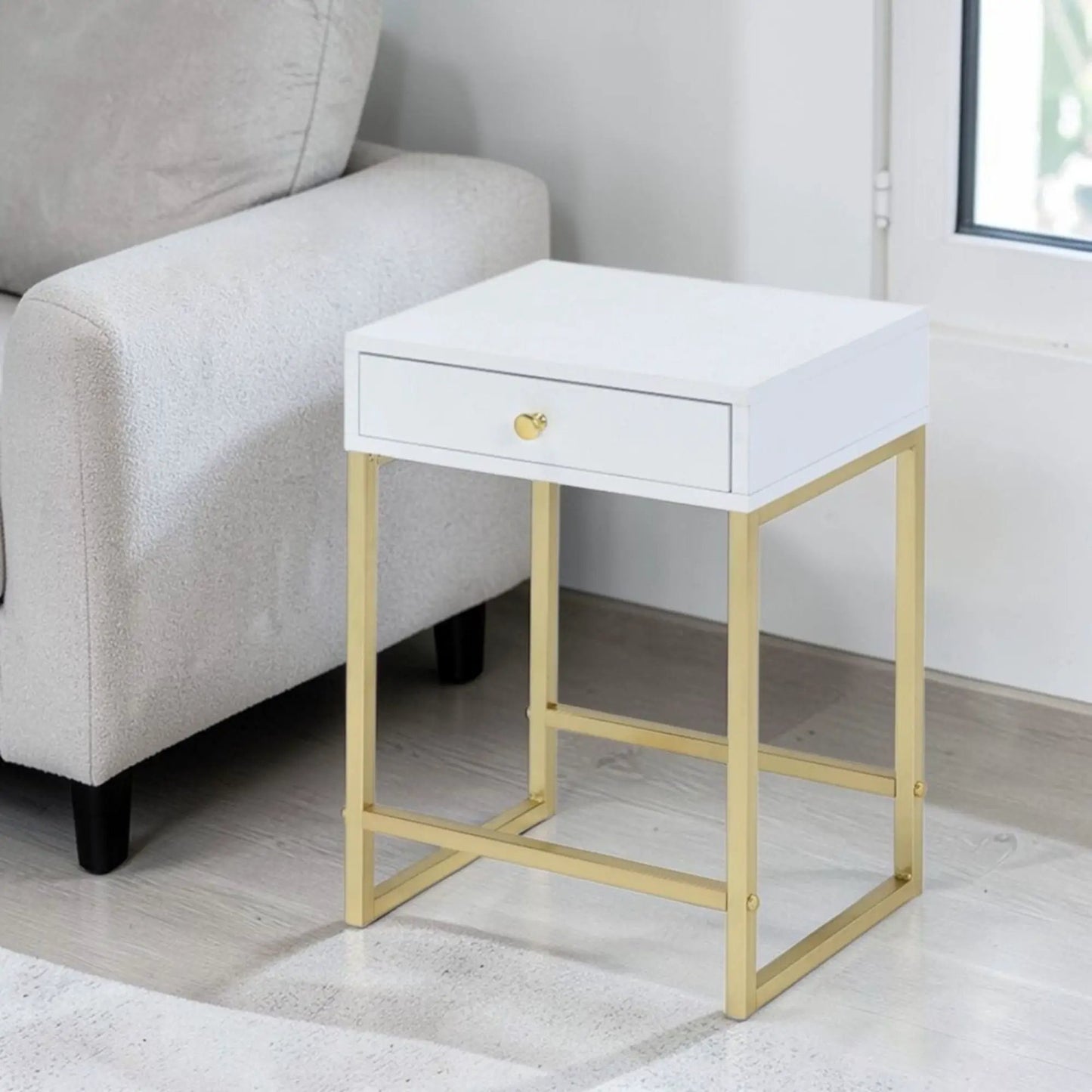 Coleen elegant design accent table white with gold metal frame and single drawer knob Unique Piece Furniture on Tampa Home & Garden Store