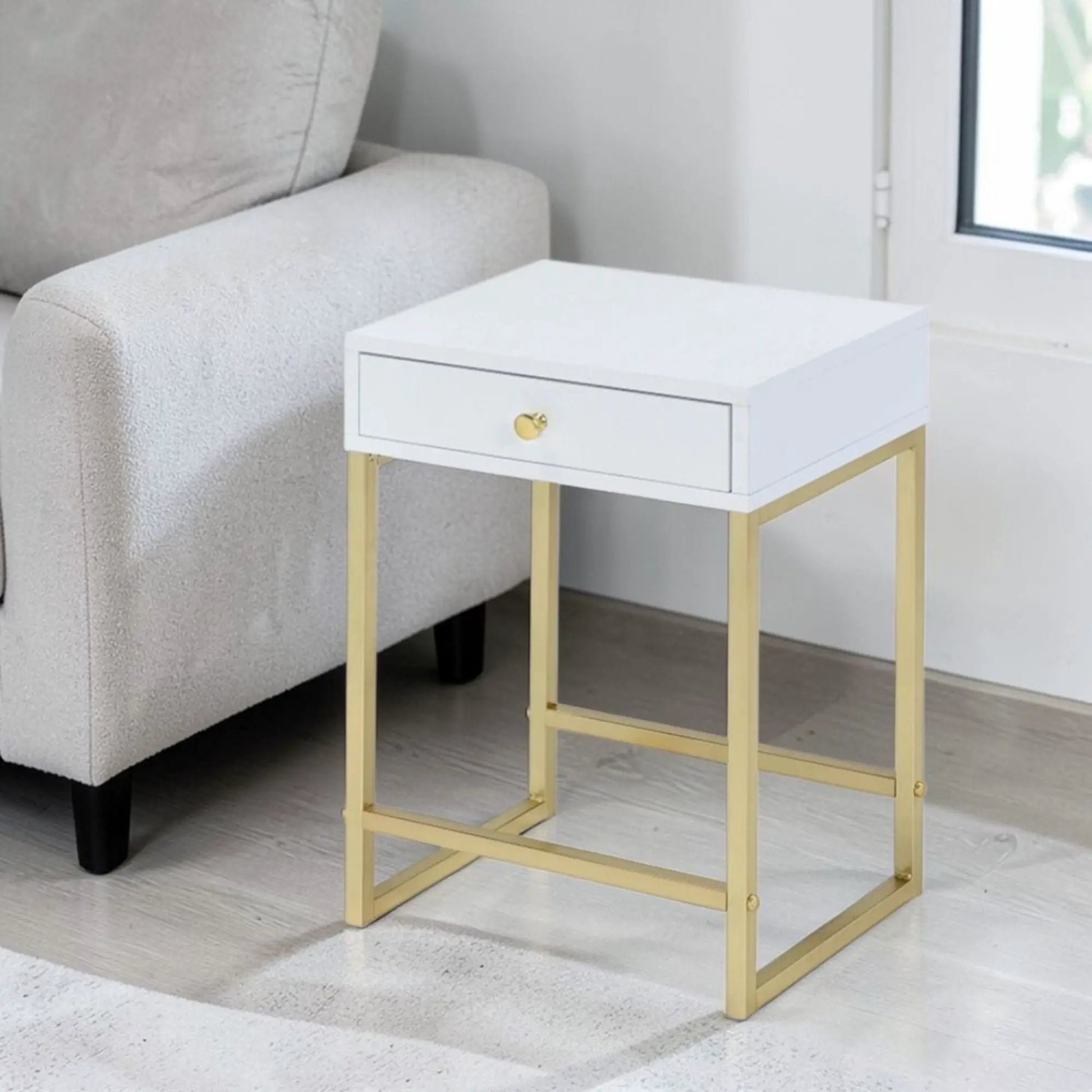 Coleen elegant design accent table white with gold metal frame and single drawer knob Unique Piece Furniture on Tampa Home & Garden Store