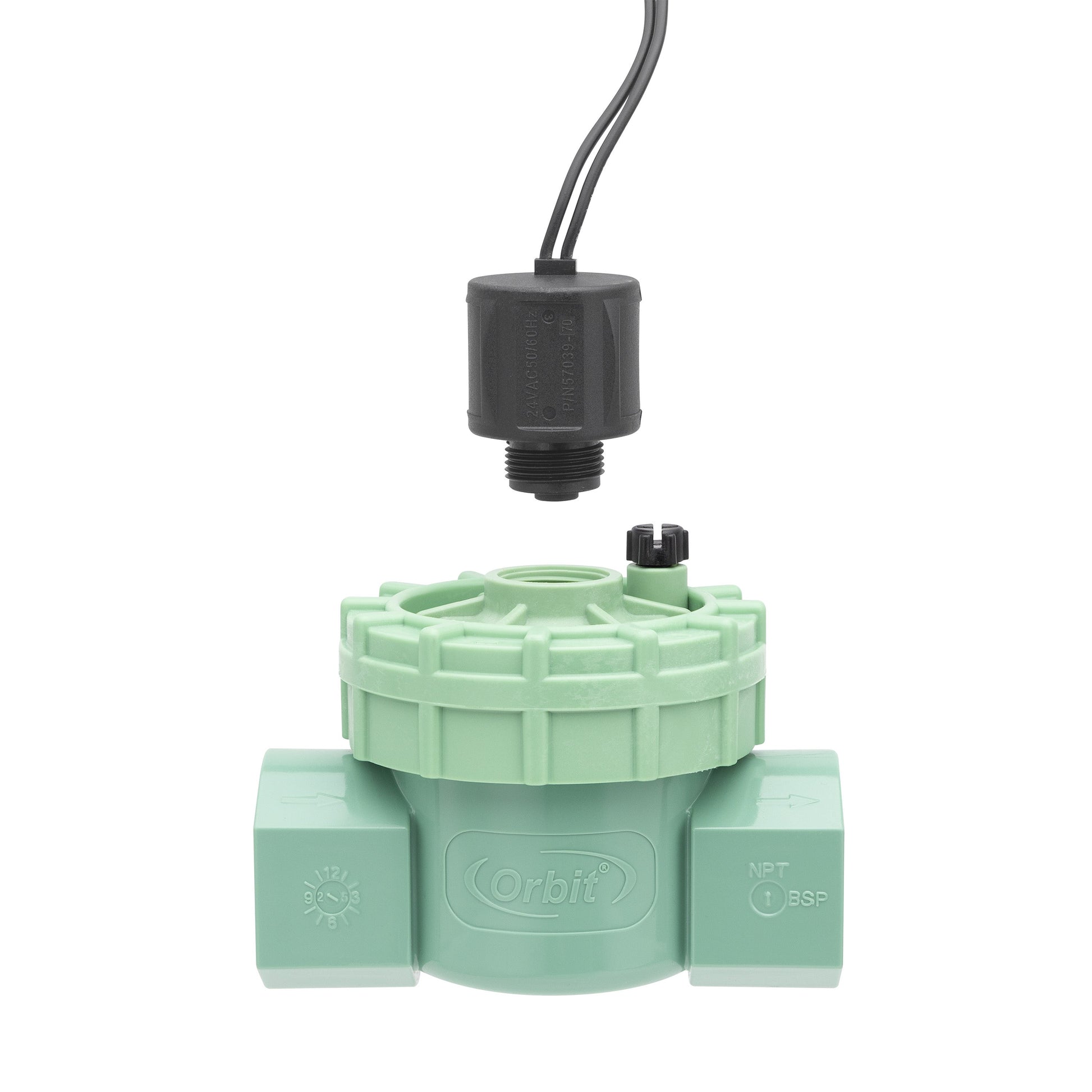 Orbit 3/4 in FPT inline jar-top valve; black solenoid head, green valve body on Tampa Home & Garden Store