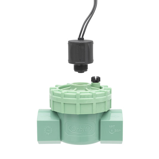 Orbit 3/4 in FPT inline jar-top valve; black solenoid head, green valve body on Tampa Home & Garden Store