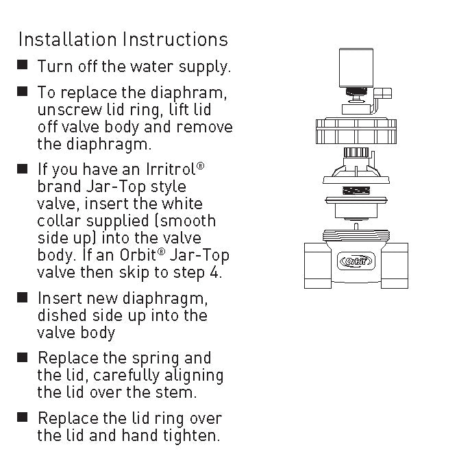 Jar Top Automatic Valve Diaphragm Orbit Irrigation underground sprinkler valve with diagram on Tampa Home & Garden Store