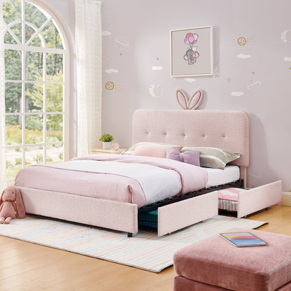 Full-size kids upholstered bed with oversized rabbit-ear headboard in soft pink fabric on Tampa Home & Garden Store
