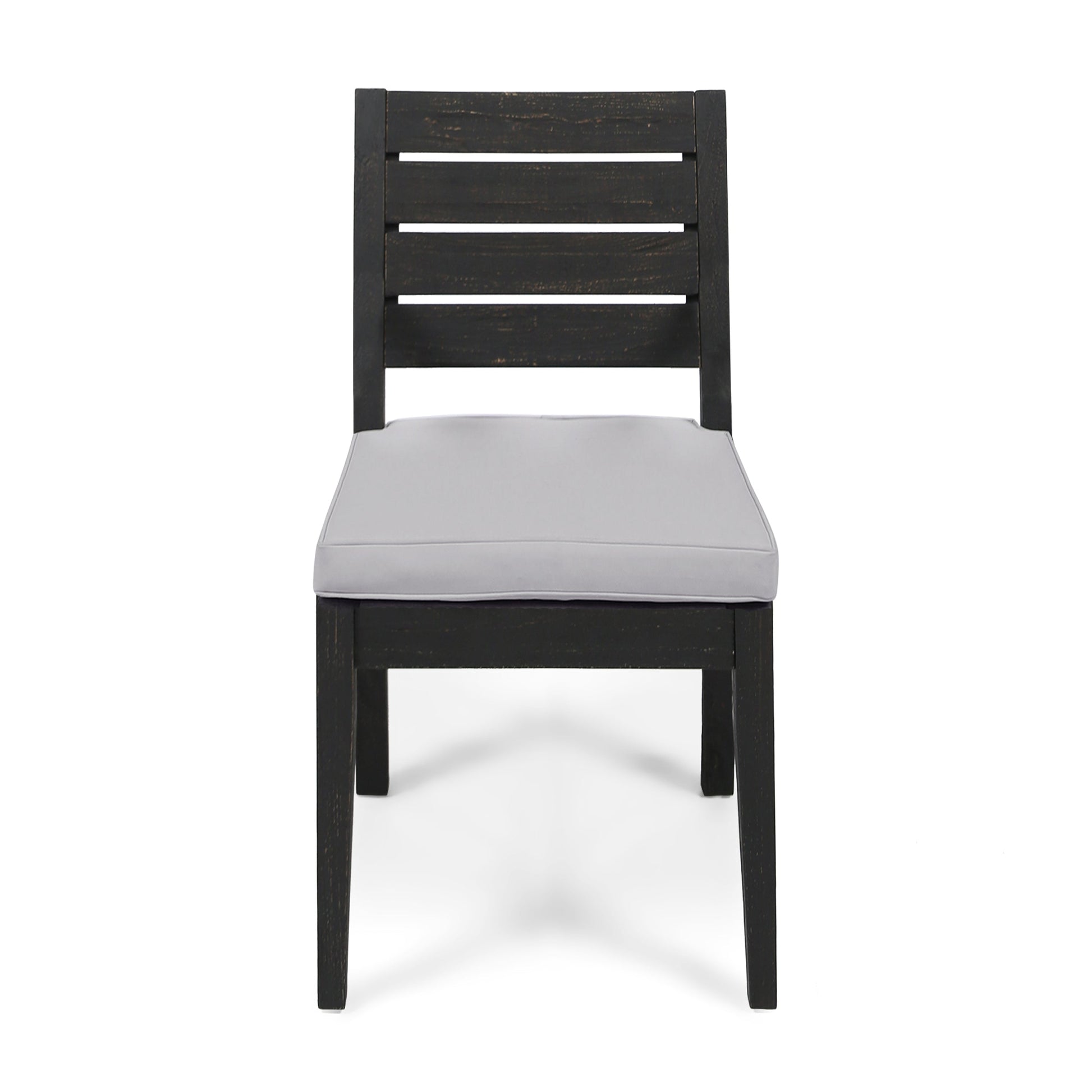 Outdoor dining chair dark acacia wood with light gray cushion and slatted back on Tampa Home & Garden Store