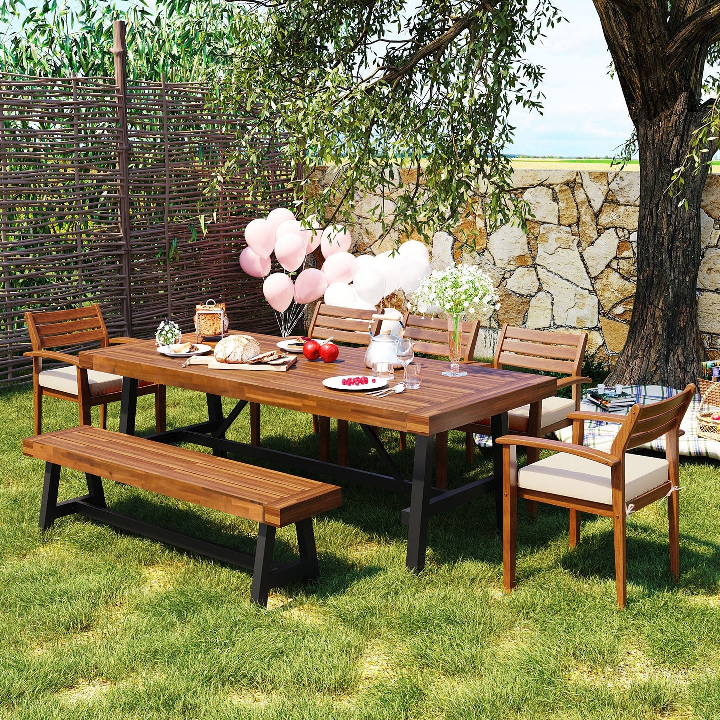 GO Outdoor Wood Dining Set for 7-8 Persons natural wood table with benches and chairs on Tampa Home & Garden Store