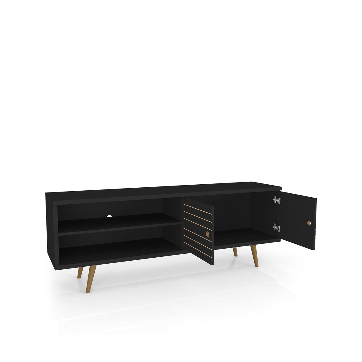 63in black TV stand with solid wood legs, hidden storage and shelves with cabinet doors on Tampa Home & Garden Store