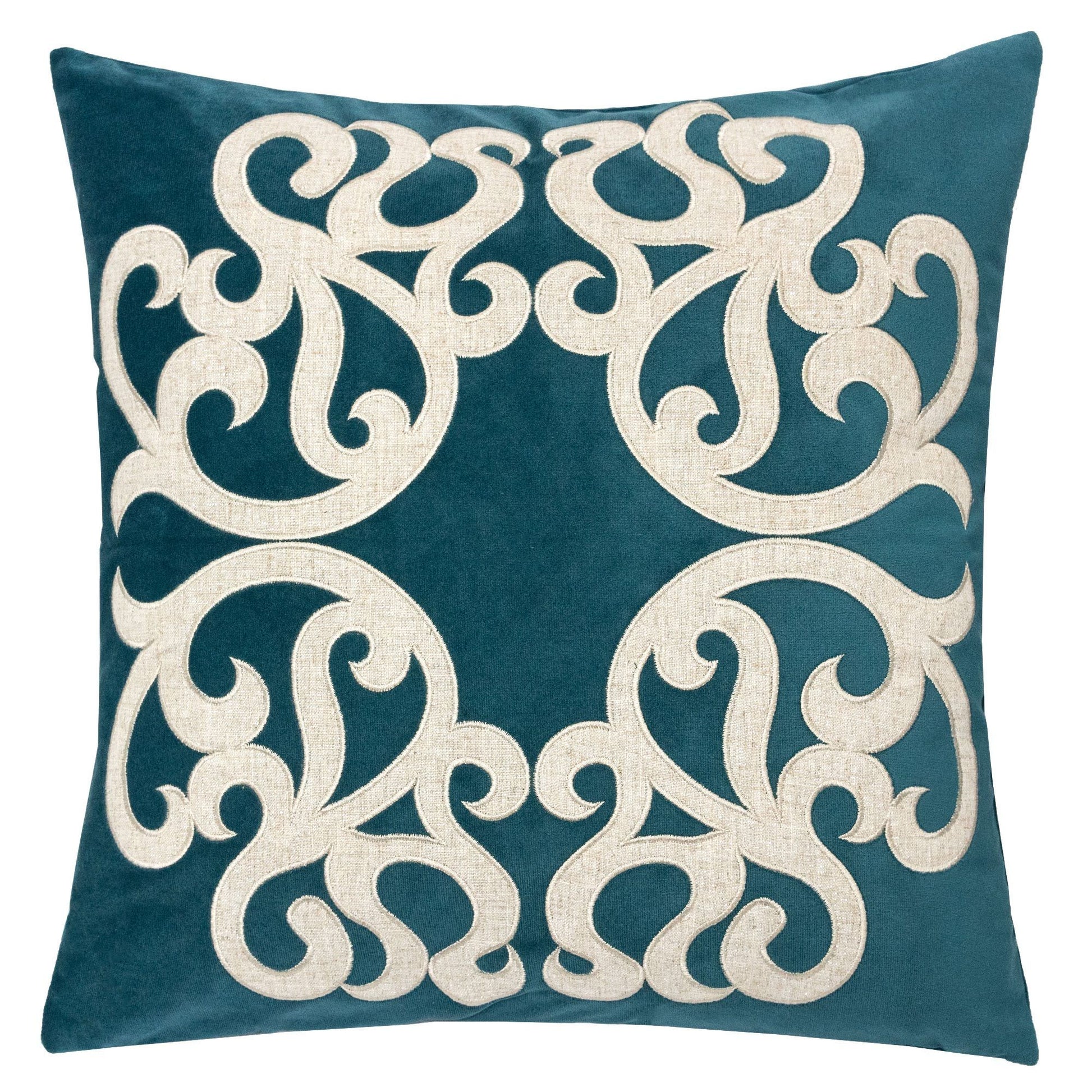 Dora pillow cover with matching back teal accent with cream scrolling pattern on Tampa Home & Garden Store