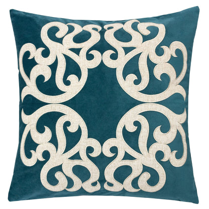 Dora pillow cover with matching back teal accent with cream scrolling pattern on Tampa Home & Garden Store