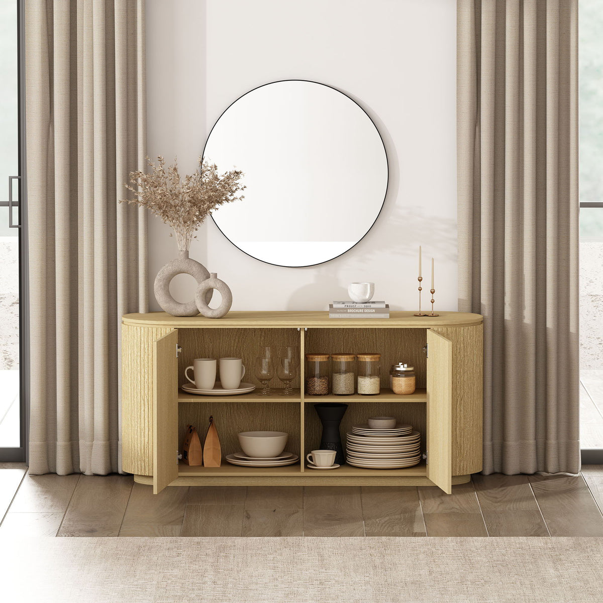 Oak sideboard with adjustable shelves and handle-free doors, 60 inch wide on Tampa Home & Garden Store