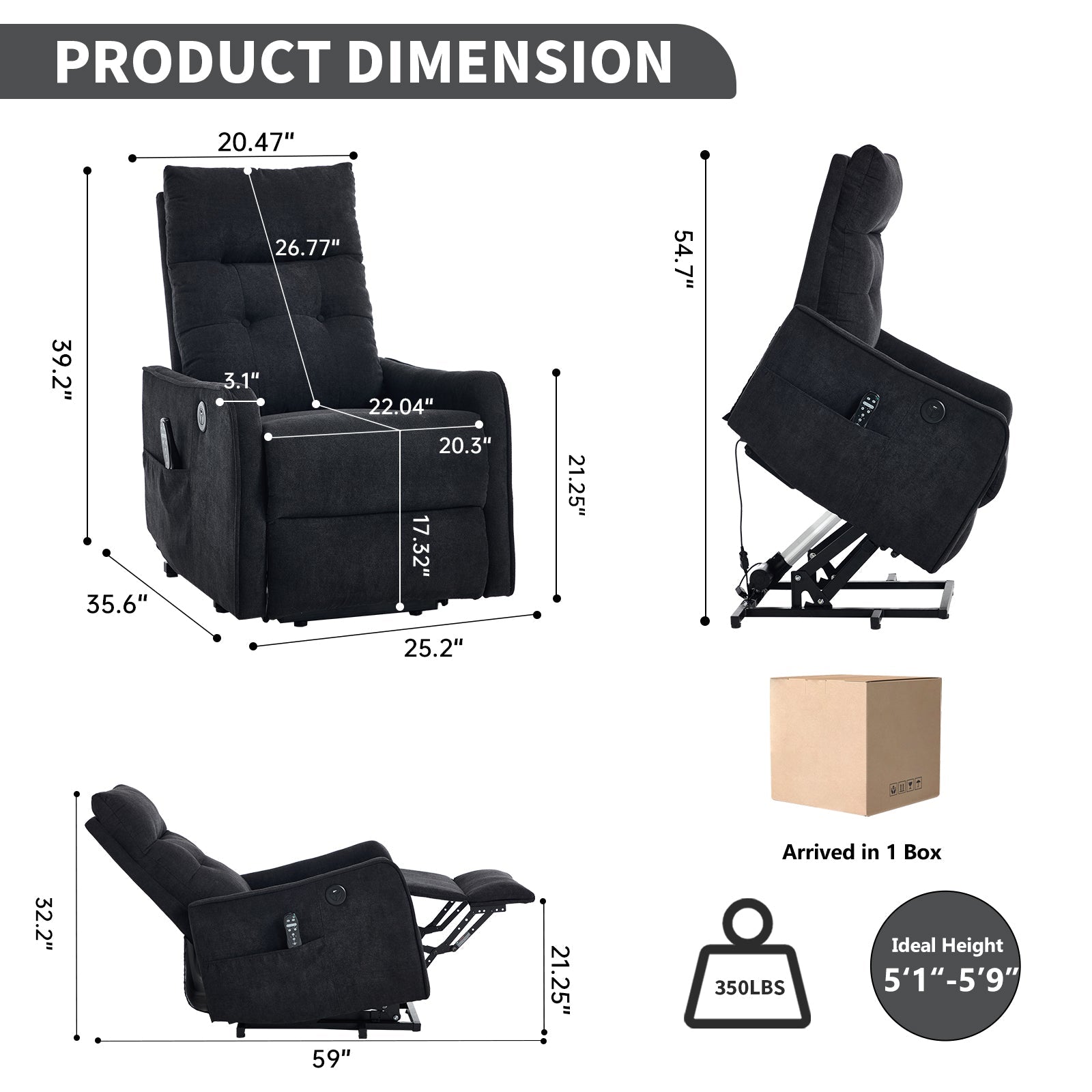 Black chenille single-motor power lift recliner chair by HouseOfZazla with remote in pocket on Tampa Home & Garden Store