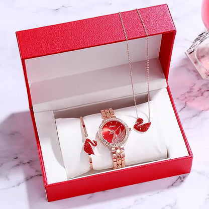 Rose-gold ladies watch gift set with red crystal bezel; bracelet and necklace, 3-item on Tampa Home & Garden Store