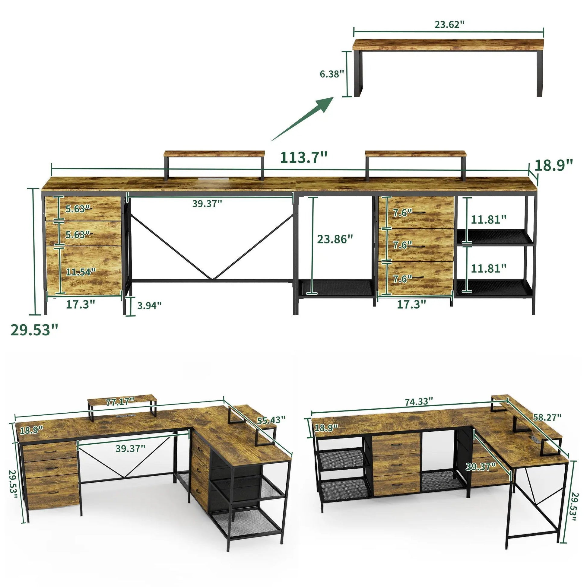Industrial L-shaped corner desk brown wood top with black metal frame, 6 drawers, power hub, adjustable monitor stands by Unique Piece Furniture on Tampa Home & Garden Store
