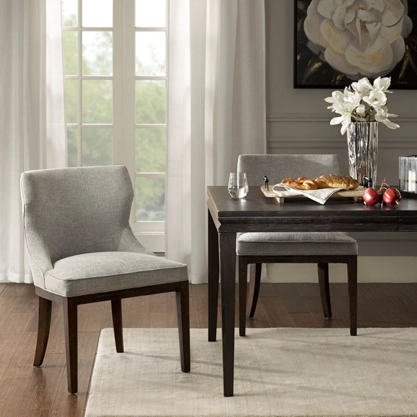 Hutton Dining Side Chair set of 2, gray upholstered chairs with dark wood legs on Tampa Home & Garden Store