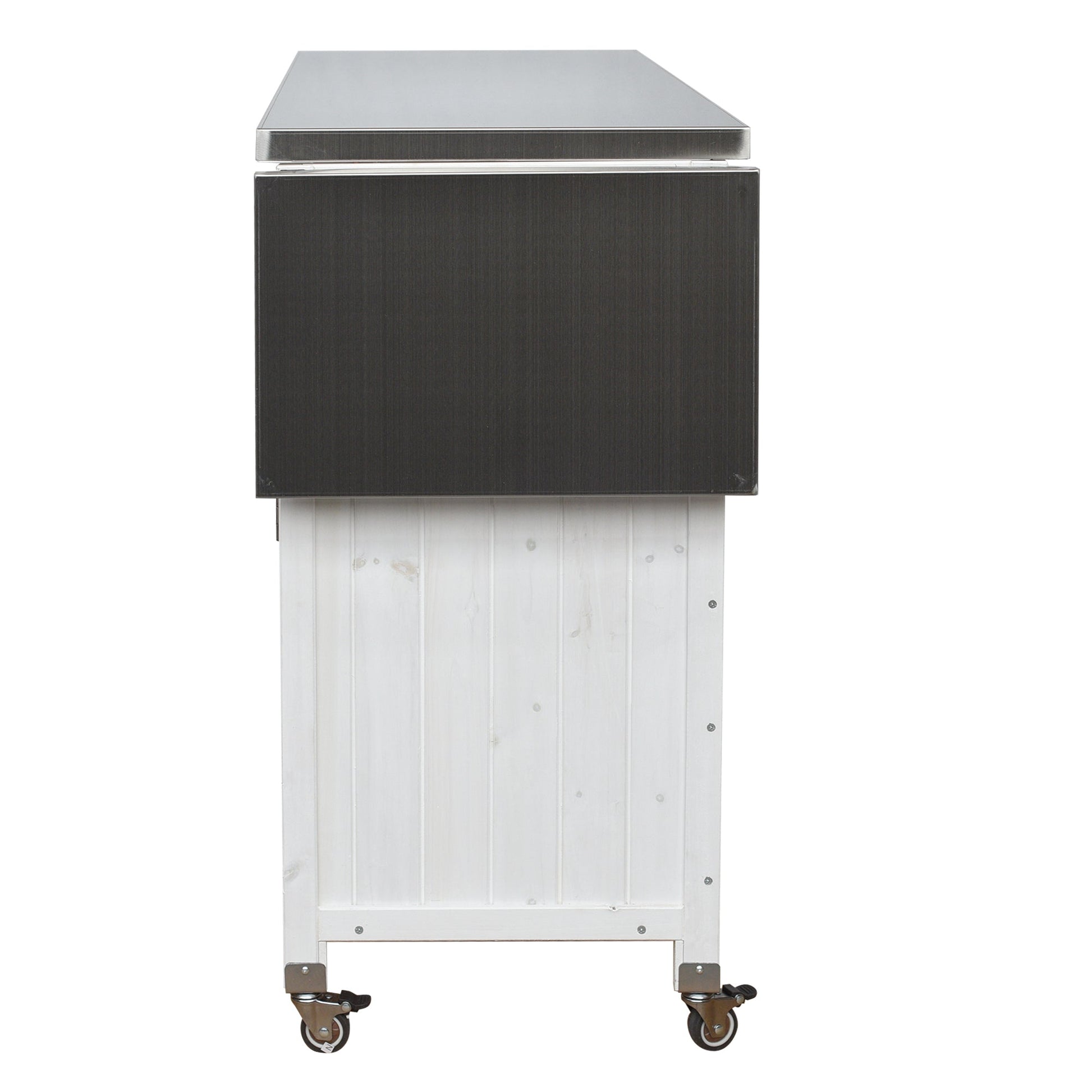 Foldable outdoor kitchen island cart with storage, black base and stainless top, on casters on Tampa Home & Garden Store