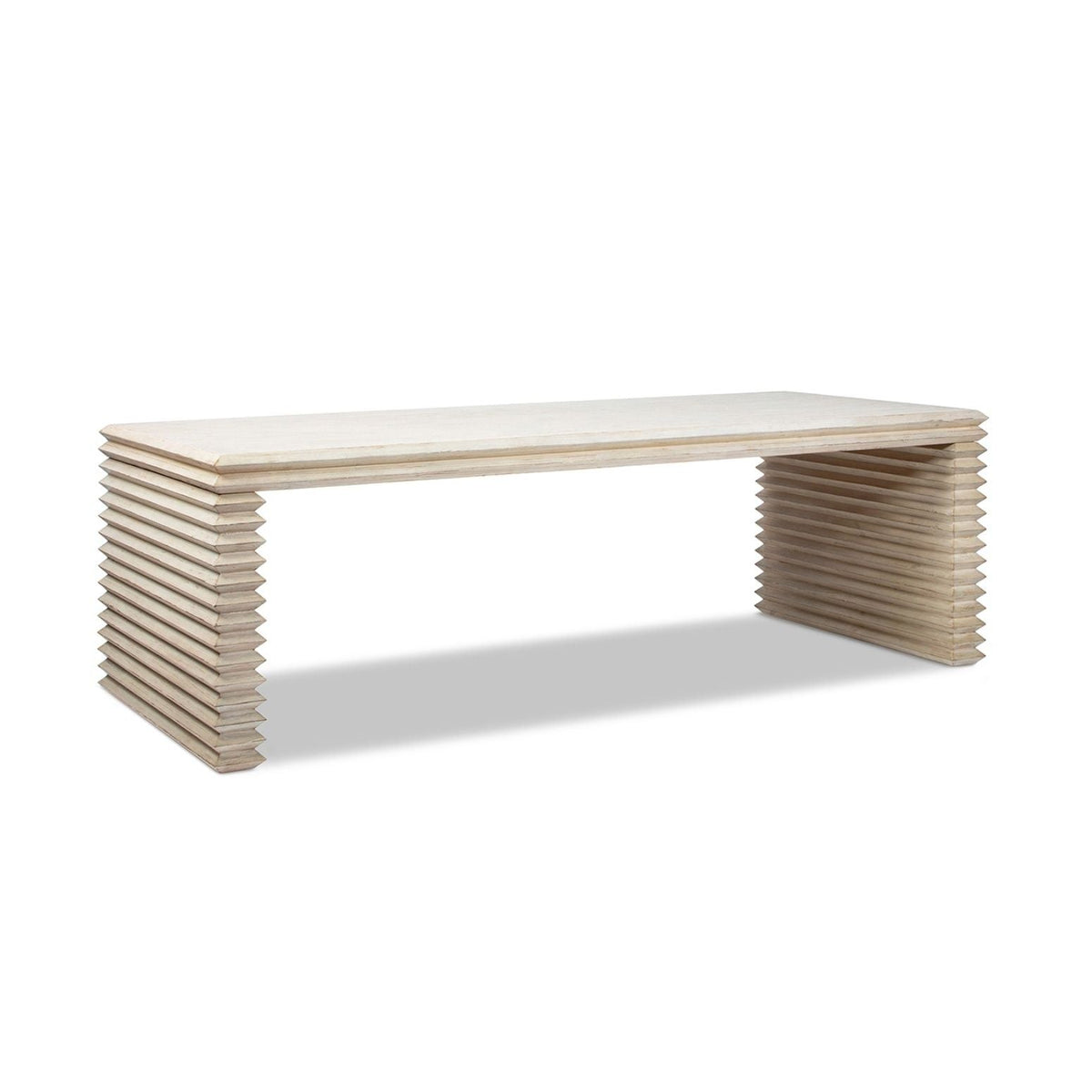 Geometric Waterfall Dining Table with sculptural ribbed end bases in wood and white top on Tampa Home & Garden Store